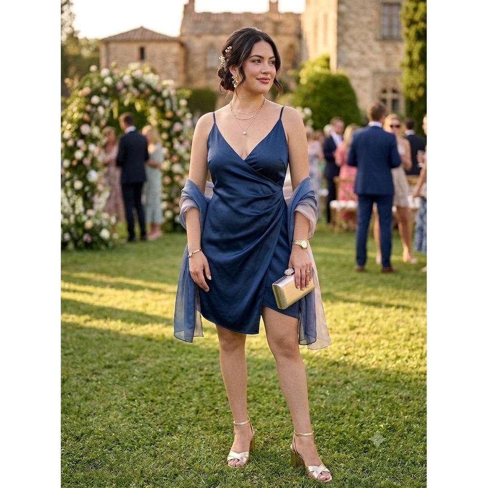 Cotton Candy LA Navy Blue Satin Faux Wrap Mini Dress S Cocktail Wedding Guest